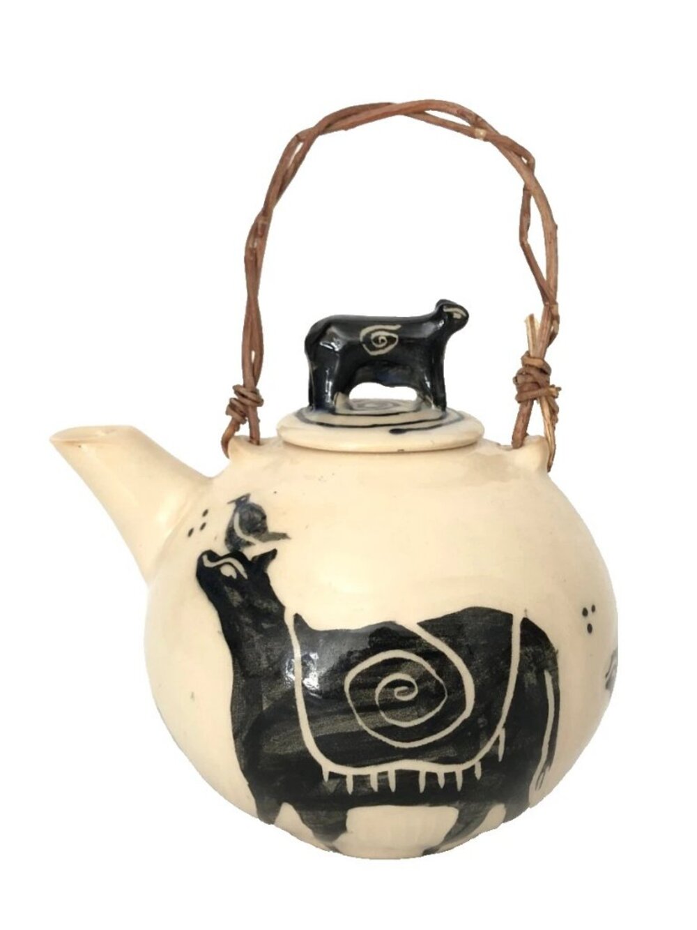 Artisan Teapot Hand Crafted Black on White Cows & Birds Signed SO